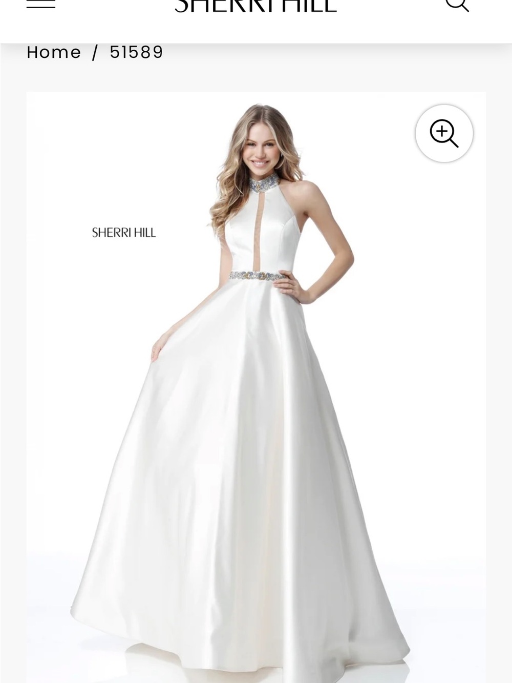 Sherri Hill White Halter Satin Ball Gown with Jeweled Neckline